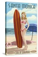 Santa Monica, California - Pinup Surfer Girl-Lantern Press-Stretched Canvas