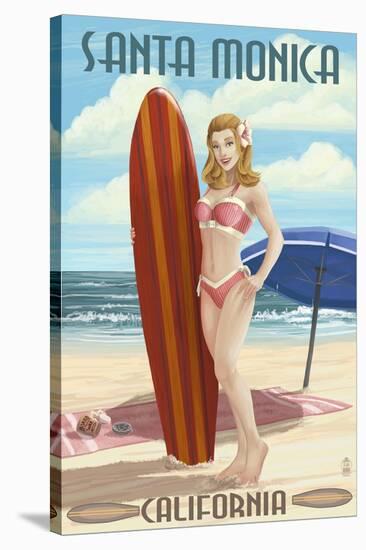 Santa Monica, California - Pinup Surfer Girl-Lantern Press-Stretched Canvas