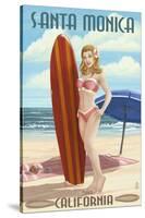 Santa Monica, California - Pinup Surfer Girl-Lantern Press-Stretched Canvas