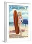 Santa Monica, California - Pinup Surfer Girl-Lantern Press-Framed Art Print