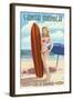 Santa Monica, California - Pinup Surfer Girl-Lantern Press-Framed Art Print