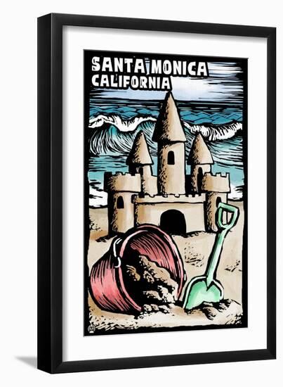 Santa Monica, California - Skimboarder - Scratchboard-Lantern Press-Framed Art Print