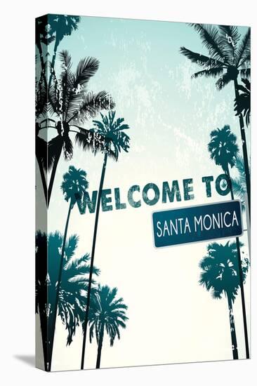 Santa Monica, California - Street Sign and Palms-Lantern Press-Stretched Canvas
