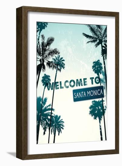 Santa Monica, California - Street Sign and Palms-Lantern Press-Framed Art Print