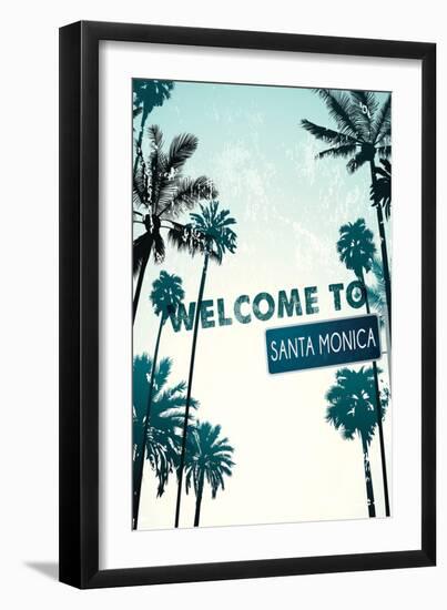 Santa Monica, California - Street Sign and Palms-Lantern Press-Framed Art Print