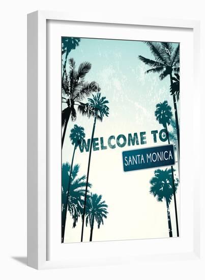 Santa Monica, California - Street Sign and Palms-Lantern Press-Framed Art Print