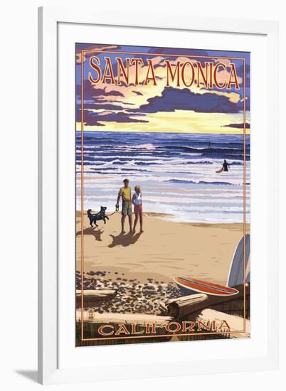 Santa Monica, California - Sunset Beach Scene-Lantern Press-Framed Art Print