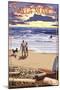 Santa Monica, California - Sunset Beach Scene-Lantern Press-Mounted Art Print