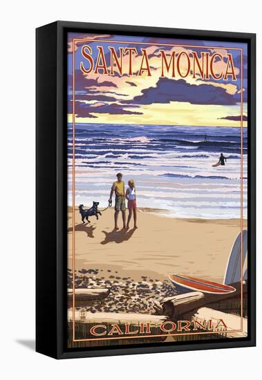 Santa Monica, California - Sunset Beach Scene-Lantern Press-Framed Stretched Canvas