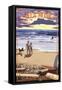 Santa Monica, California - Sunset Beach Scene-Lantern Press-Framed Stretched Canvas