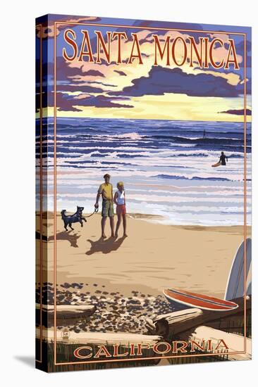 Santa Monica, California - Sunset Beach Scene-Lantern Press-Stretched Canvas