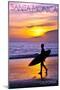 Santa Monica, California - Surfer and Sunset-Lantern Press-Mounted Art Print