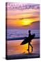 Santa Monica, California - Surfer and Sunset-Lantern Press-Stretched Canvas