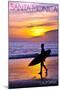 Santa Monica, California - Surfer and Sunset-Lantern Press-Mounted Art Print