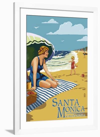 Santa Monica, California - Woman on the Beach-Lantern Press-Framed Art Print