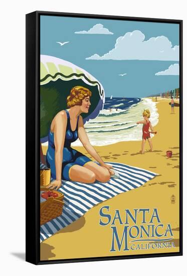 Santa Monica, California - Woman on the Beach-Lantern Press-Framed Stretched Canvas