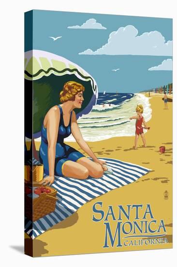 Santa Monica, California - Woman on the Beach-Lantern Press-Stretched Canvas