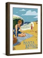 Santa Monica, California - Woman on the Beach-Lantern Press-Framed Art Print