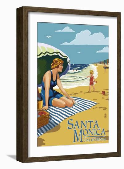 Santa Monica, California - Woman on the Beach-Lantern Press-Framed Art Print