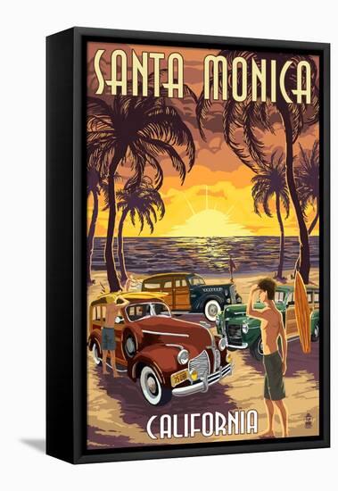 Santa Monica, California - Woodies and Sunset-Lantern Press-Framed Stretched Canvas