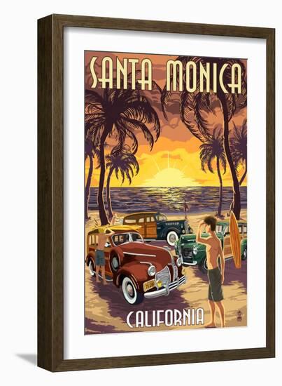 Santa Monica, California - Woodies and Sunset-Lantern Press-Framed Art Print