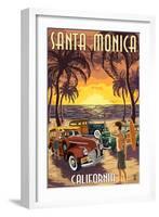 Santa Monica, California - Woodies and Sunset-Lantern Press-Framed Art Print