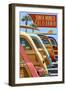 Santa Monica, California - Woodies Lined Up-Lantern Press-Framed Art Print