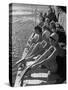 Santa Monica Life Guard's Party Aboard Boat, Girls Putting on Fins to Go Diving-Peter Stackpole-Stretched Canvas