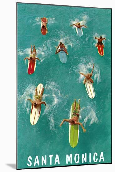 Santa Monica, Surfers Paddling-null-Mounted Art Print