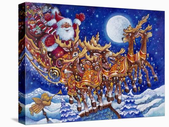 Santa on Roof in Sleigh Pulled by Reindeer-Bill Bell-Stretched Canvas
