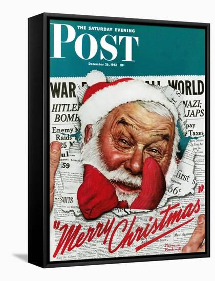 "Santa's in the News" Saturday Evening Post Cover, December 26,1942-Norman Rockwell-Framed Stretched Canvas