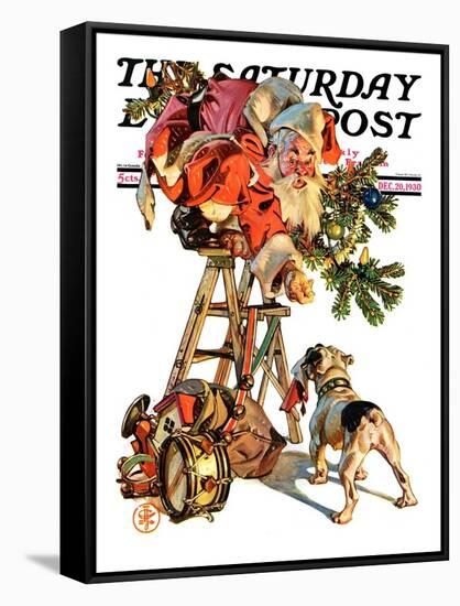 "Santa Up a Ladder," Saturday Evening Post Cover, December 20, 1930-Joseph Christian Leyendecker-Framed Stretched Canvas