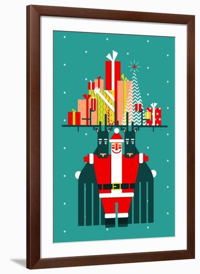 Santa with Deers Gifts and Presents Congratulates. Vector Eps8 Graphic Christmas Illustration.-Popmarleo-Framed Art Print