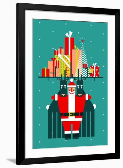 Santa with Deers Gifts and Presents Congratulates. Vector Eps8 Graphic Christmas Illustration.-Popmarleo-Framed Art Print