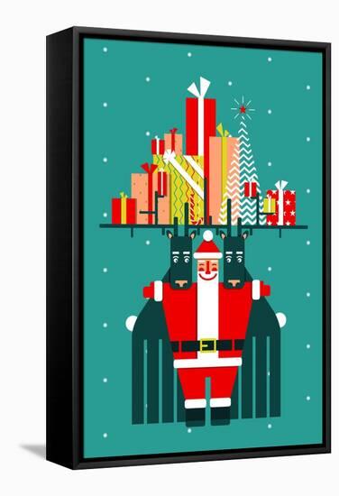 Santa with Deers Gifts and Presents Congratulates. Vector Eps8 Graphic Christmas Illustration.-Popmarleo-Framed Stretched Canvas