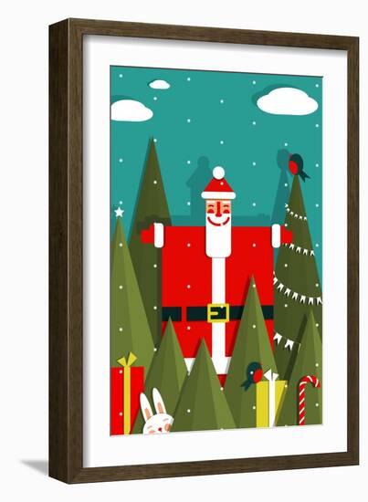 Santa with Gifts and Presents in Woods. Vector Eps8 Graphic Christmas Illustration.-Popmarleo-Framed Art Print