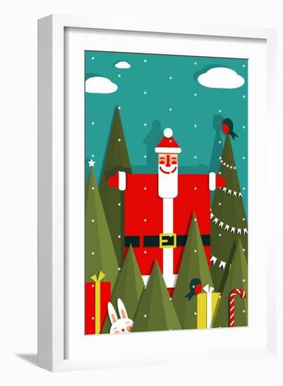 Santa with Gifts and Presents in Woods. Vector Eps8 Graphic Christmas Illustration.-Popmarleo-Framed Art Print