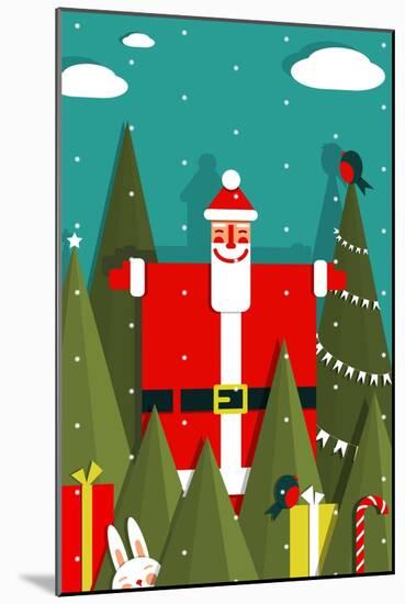 Santa with Gifts and Presents in Woods. Vector Eps8 Graphic Christmas Illustration.-Popmarleo-Mounted Art Print