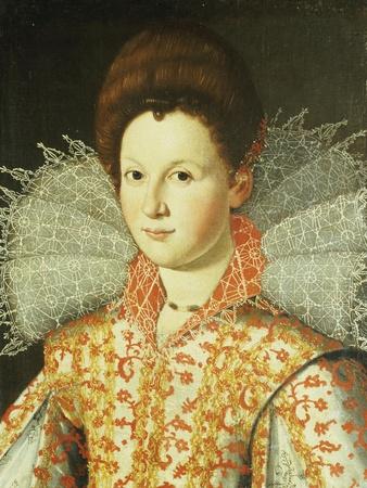 Portrait of a Lady, Bust Length, Wearing an Embroidered Dress with Lace Ruff Collar