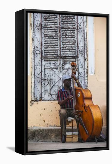 Santiago De Cuba Province, Historical Center, Street Musician Playing Double Bass-Jane Sweeney-Framed Stretched Canvas