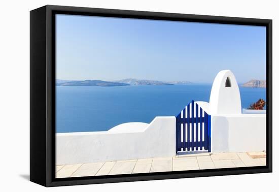 Santorini Balconny with View at the Aegean Sea-Netfalls-Framed Stretched Canvas