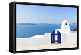Santorini Balconny with View at the Aegean Sea-Netfalls-Framed Stretched Canvas