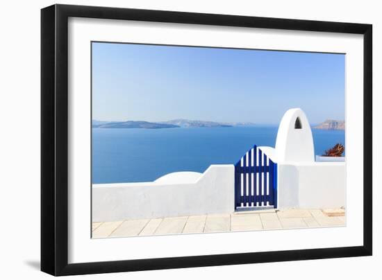 Santorini Balconny with View at the Aegean Sea-Netfalls-Framed Photographic Print