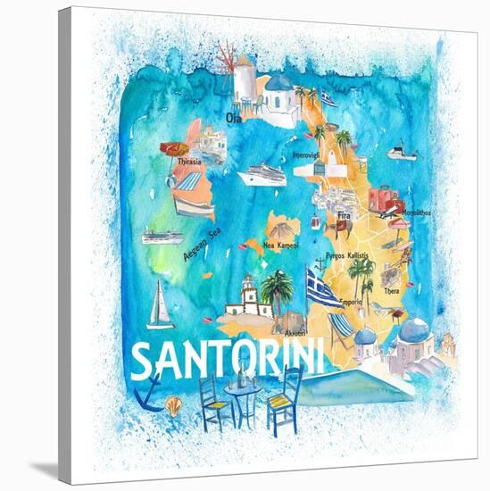 Santorini Greece Illustrated Map with Main Roads Landmarks and Highlights-M. Bleichner-Stretched Canvas