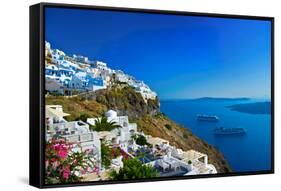 Santorini, View of Fira Town with Volcano-Maugli-l-Framed Stretched Canvas