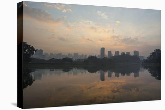 Sao Paulo Cityscape Reflected in the Lake at Ibirapuera Park at Sunrise-Alex Saberi-Stretched Canvas