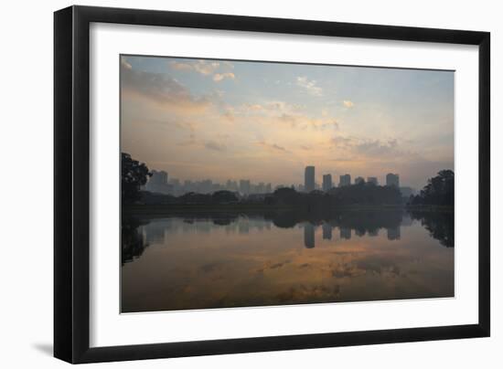 Sao Paulo Cityscape Reflected in the Lake at Ibirapuera Park at Sunrise-Alex Saberi-Framed Photographic Print