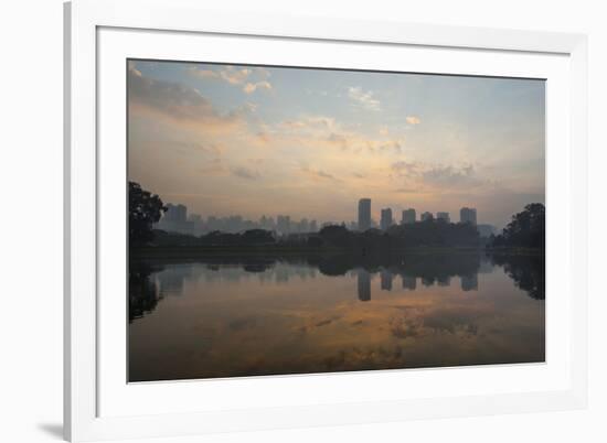 Sao Paulo Cityscape Reflected in the Lake at Ibirapuera Park at Sunrise-Alex Saberi-Framed Photographic Print