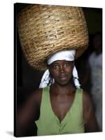 Sao Tomense Woman Carries Basket Full of Cocoa Beans, Cocoa Processing Plant in Agua Ize, Sao Tome-Camilla Watson-Stretched Canvas