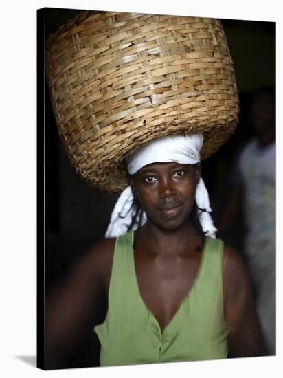 Sao Tomense Woman Carries Basket Full of Cocoa Beans, Cocoa Processing Plant in Agua Ize, Sao Tome-Camilla Watson-Stretched Canvas